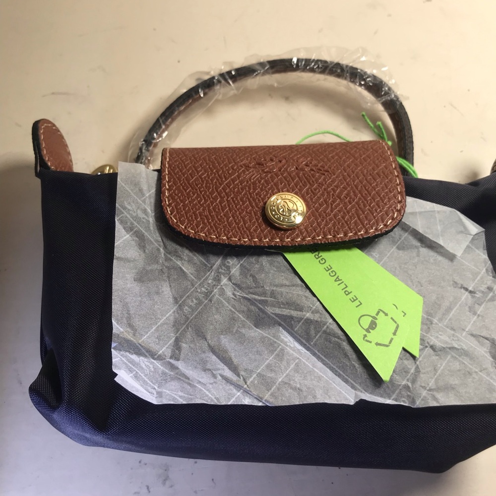 Longchamp Navy and Brown Mini Le Pliage Top-Handle Bag